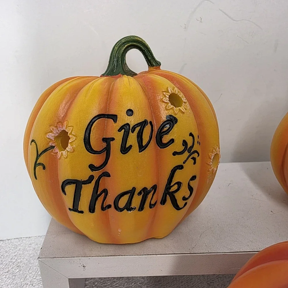 Set Of 3 Light Up Battery Orange Pumpkins Welcome Hello Fall Season Give Thanks